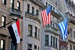 international flags on urban city buildings